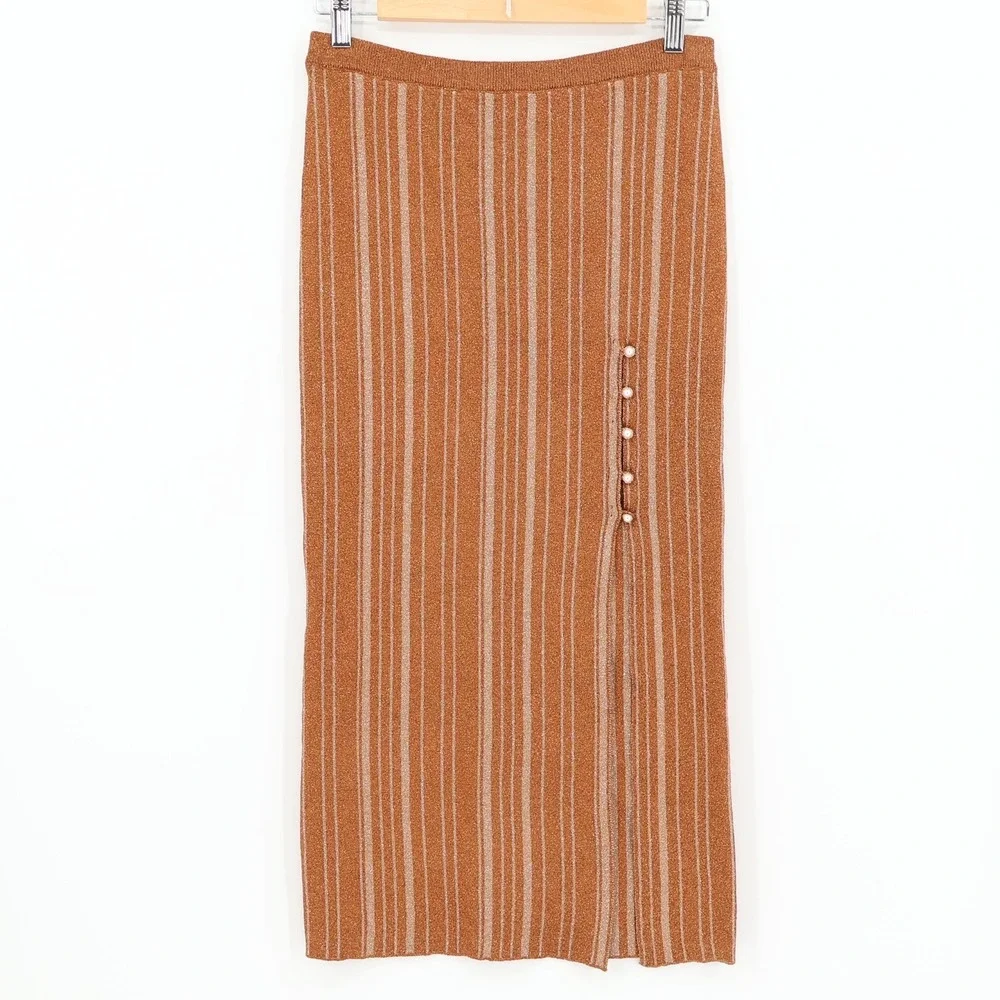 LPA Revolve Vance Midi Knit Skirt Metallic Stripe Bronze Gold Pearl Size S